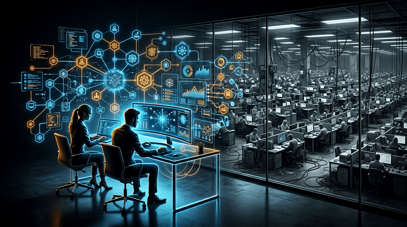 Two-person team powered by glowing AI agent network competing with a large grey corporate floor through a glass wall