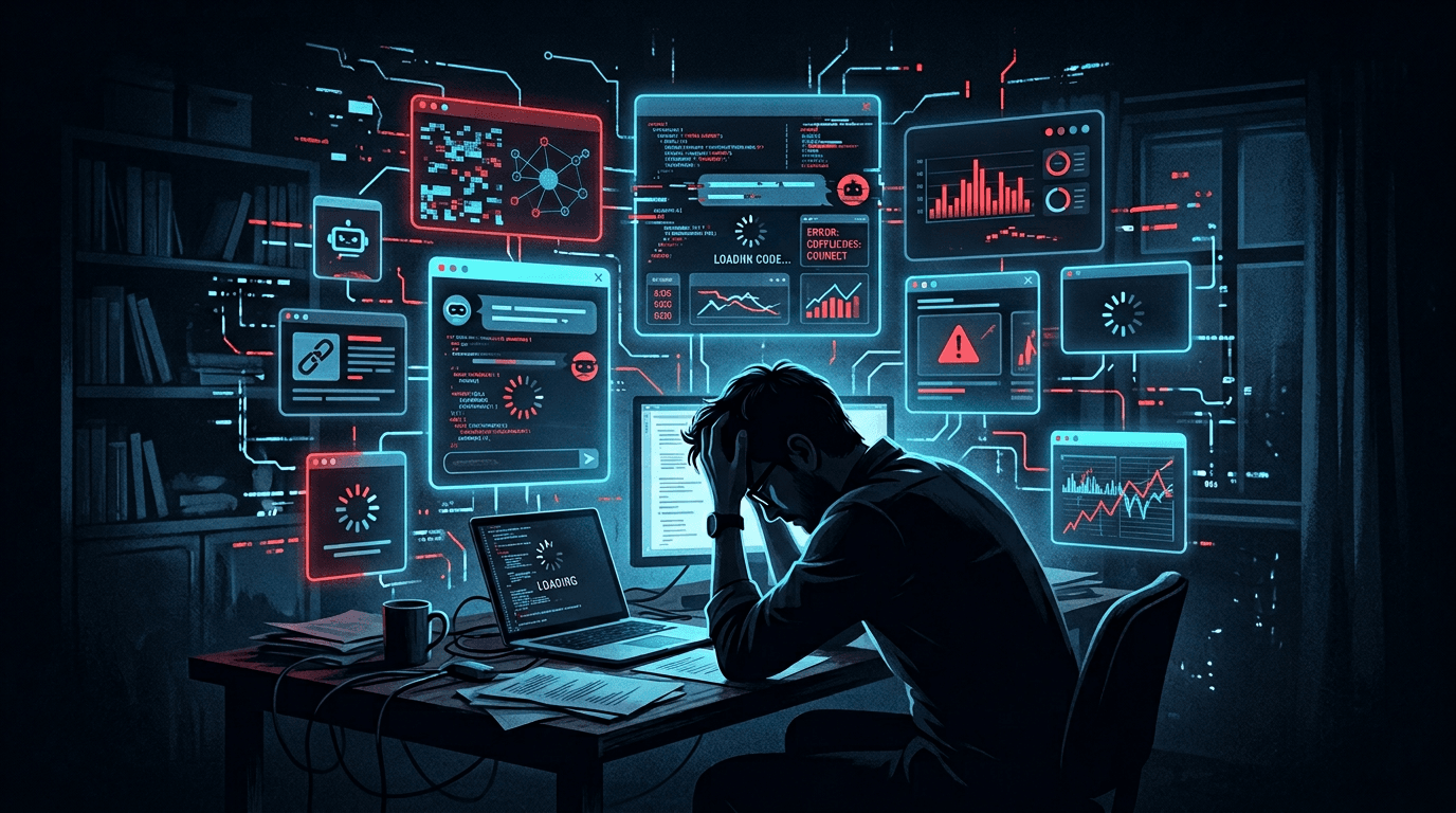 Frustrated business owner surrounded by broken, disconnected AI tool interfaces showing errors and loading states