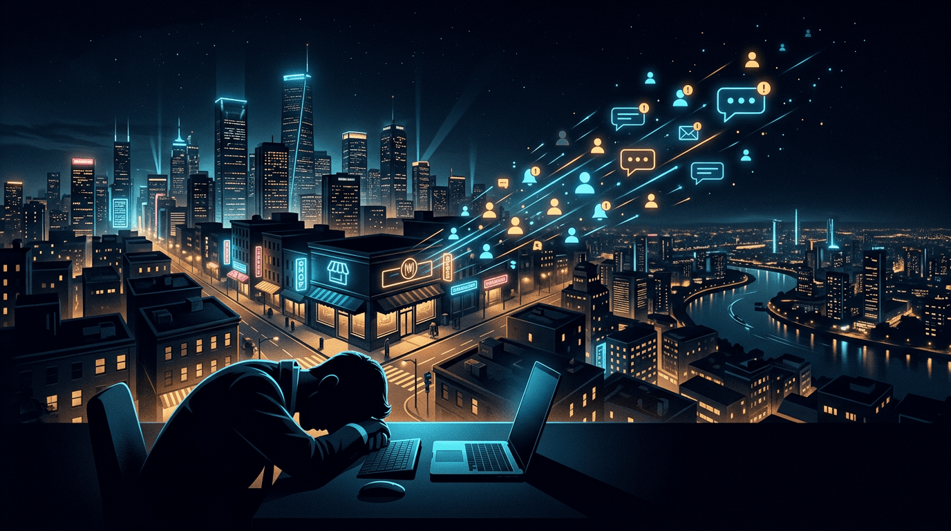 City skyline at night with customer icons drifting away while a businessperson sleeps at their laptop